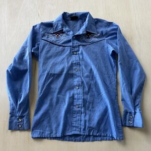 Stir Ups Western Shirt Mens Small Blue Longhorn Embroidered Pearl Snap Button Up